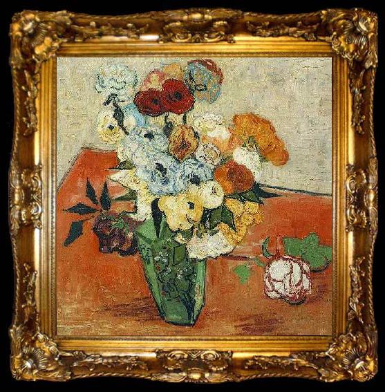 framed  Vincent Van Gogh Japanese Vase with Roses and Anemones, ta009-2